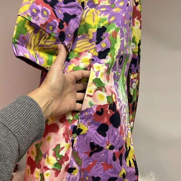 Elie Tahari floral jacket coat multicolor yellow purple snap front duster M C14 - Picture 7 of 13
